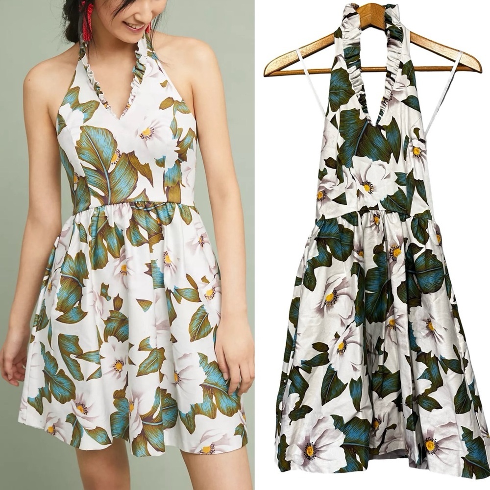 Anthropologie Larke Magnolia Ruffled Mini Dress Size 4 Halter Vneck Tropical NEW